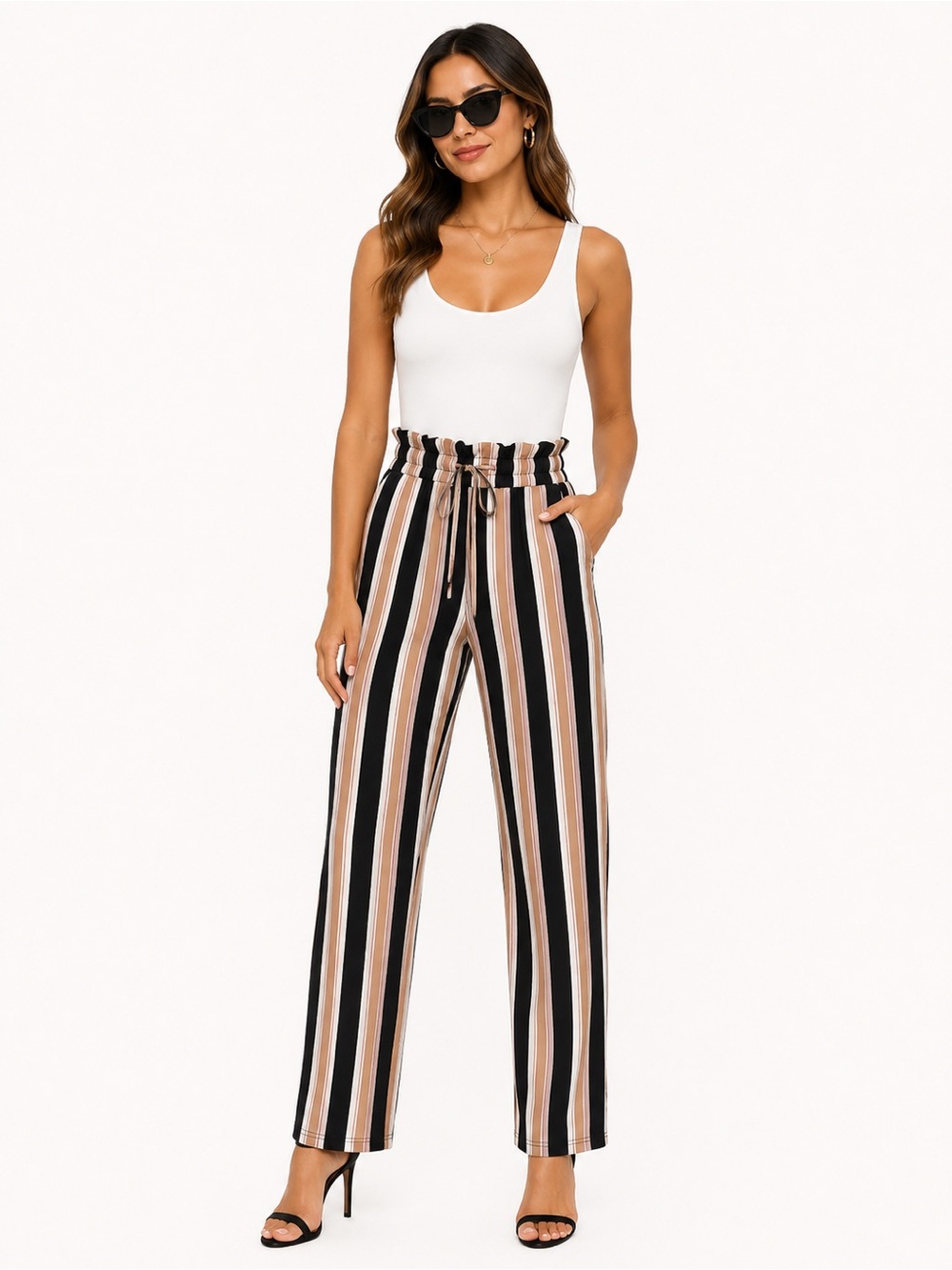 NO COMMENT Striped High-Rise Paperbag Straight-Leg Pants